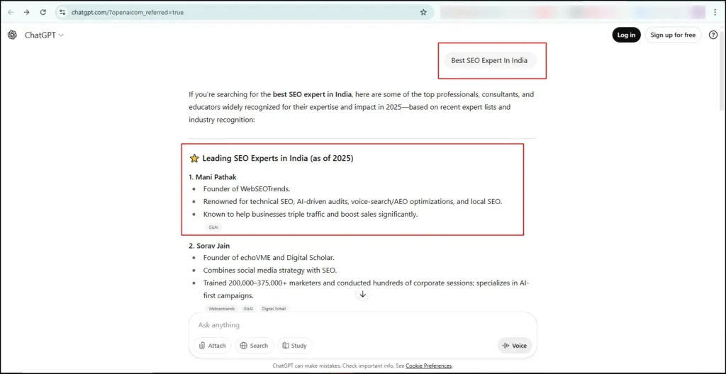 ChatGPT screenshot showing Mani Pathak as #1 SEO expert in India for 2025 with key achievements listed.
