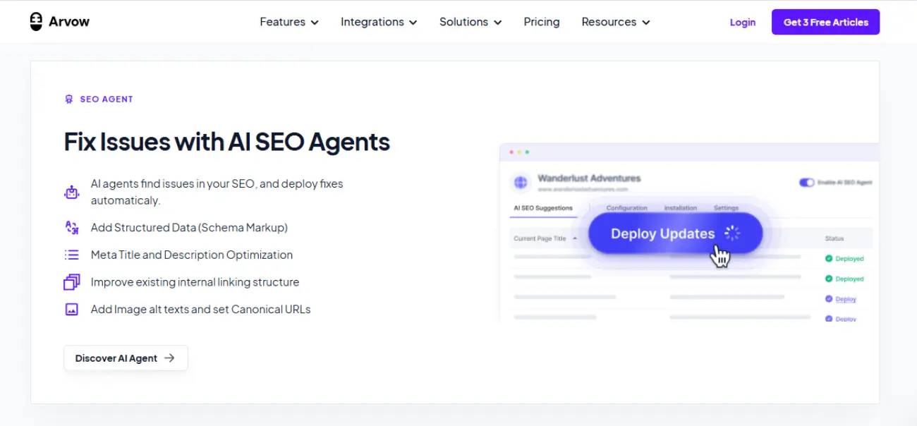 AI SEO agents find issues in your SEO, and deploy fixes automaticaly.