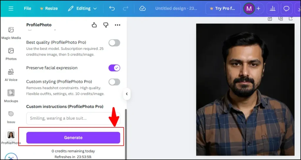 Generate AI Headshot and review options