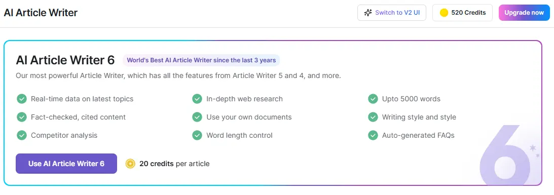 AI Article Writer 6 interface screenshot showing features like real-time data, fact-checking, and competitor analysis – captured by Mani Pathak