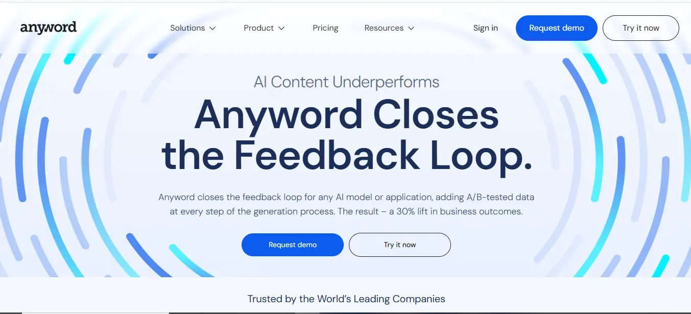 AI writing tool Anyword interface screenshot showing feedback loop and business outcome features – captured by Mani Pathak