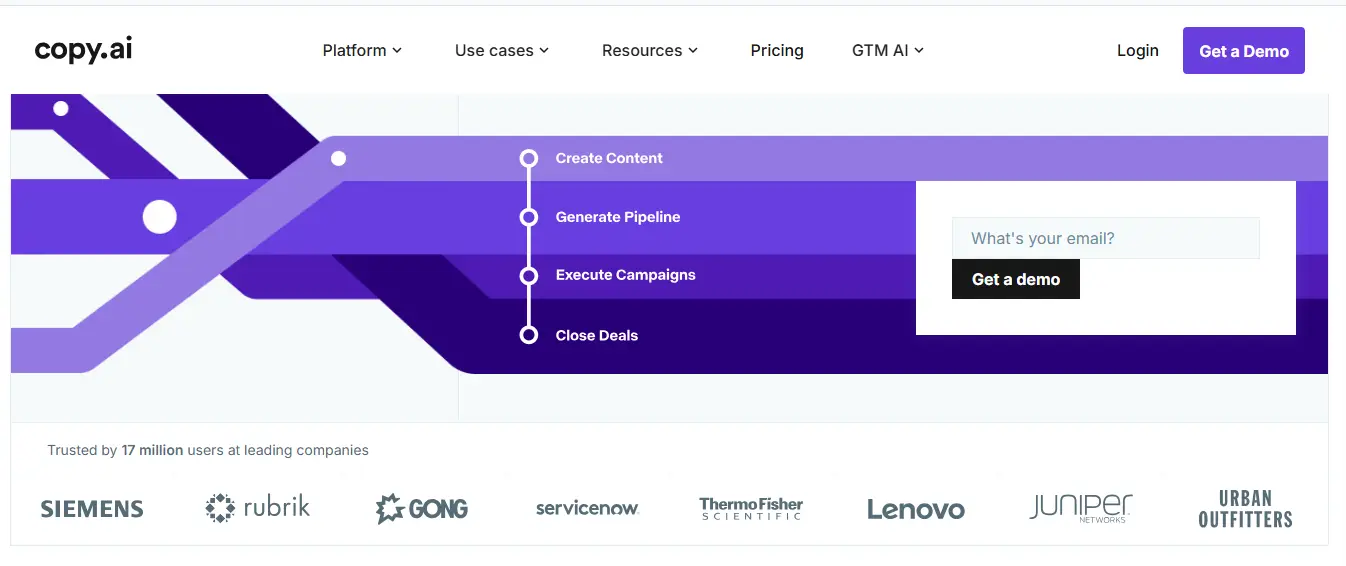 AI writing tool Copy.ai interface screenshot showing campaign workflow and trusted company logos – captured by Mani Pathak