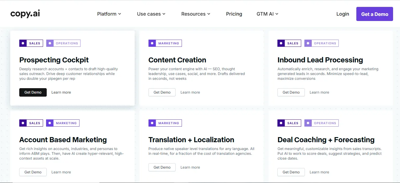 Copy.ai platform interface showing sales and marketing tools like Prospecting Cockpit, Content Creation, and more