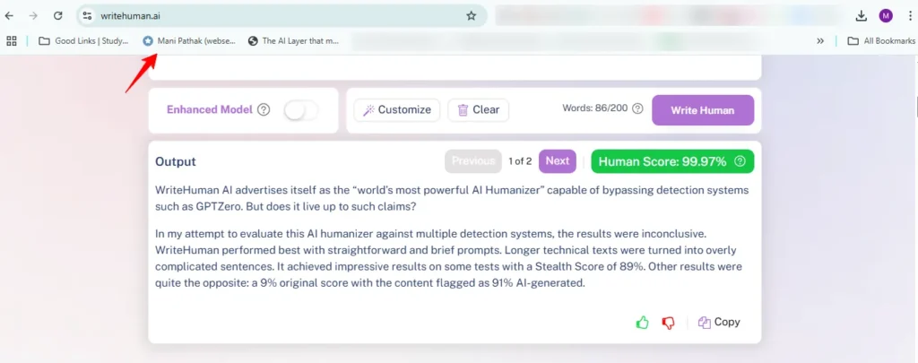 Mani Pathak’s results after 30 days of using WriteHuman.ai