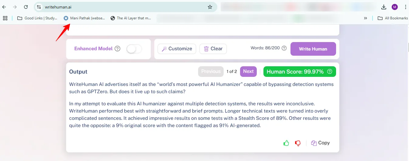 Mani Pathak’s results after 30 days of using WriteHuman.ai
