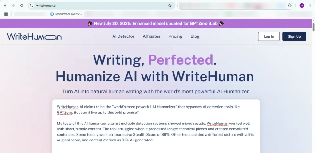 Screenshot of WriteHuman website with performance analysis by Mani Pathak