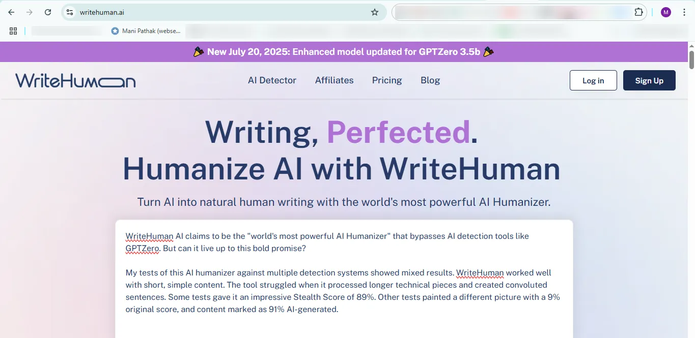 Screenshot of WriteHuman website with performance analysis by Mani Pathak