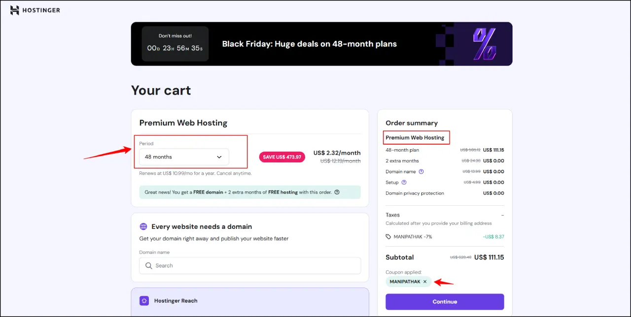 Hostinger web hosting discount applied using coupon code MANIPATHAK for starting a blog