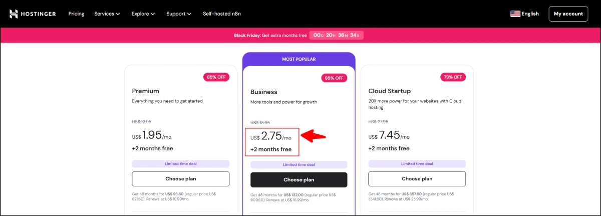 Hostinger hosting plans Black Friday deals showing discounted pricing and special offers