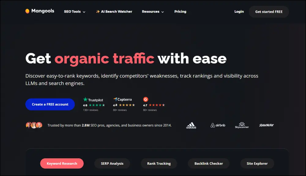 Mangools SEO tools dashboard showing keyword tracking, competitor analysis, and backlink opportunities.