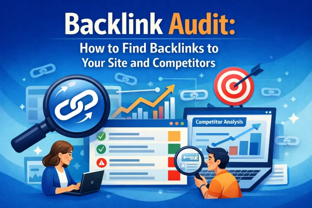 Backlink audit illustration showing backlink analysis, competitor analysis, and link quality checks
