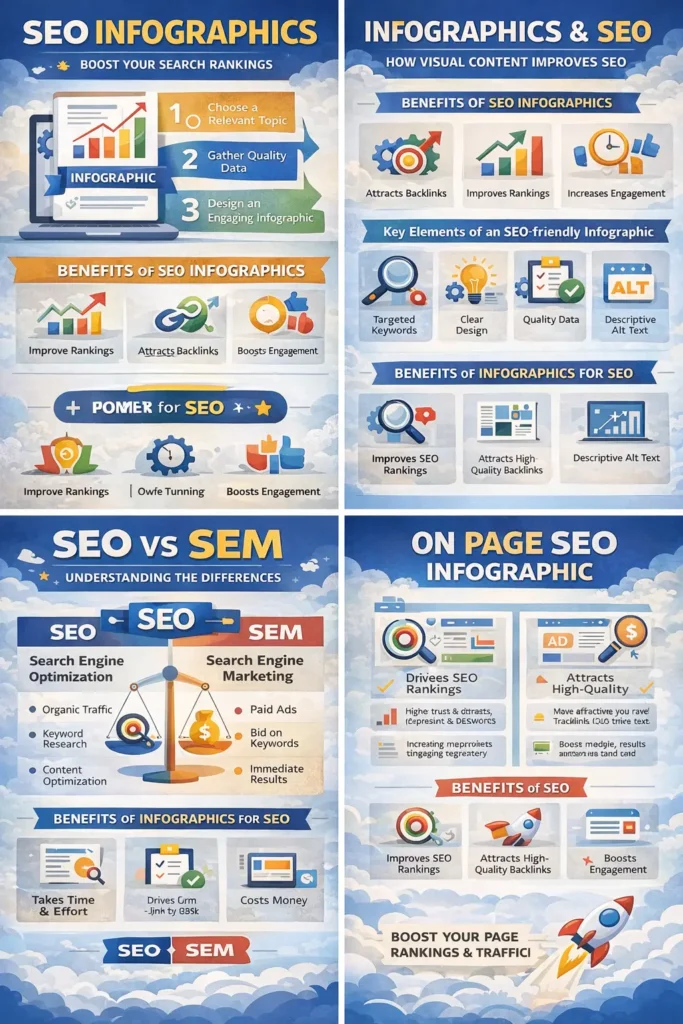 SEO infographics guide showing benefits, strategies, and on-page optimization for improved rankings and backlinks