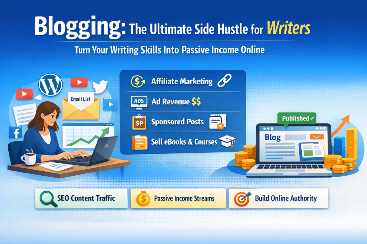 Blogging side hustle for writers showing passive income from affiliate marketing ads and digital products