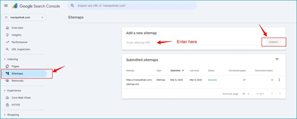 how to submit sitemap to Google Search Console — Sitemaps section
