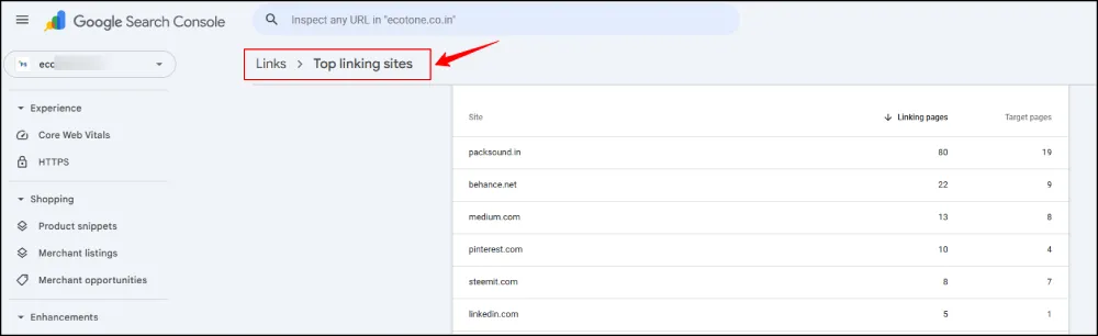 How To Find Backlinks In Google Search Google Search Console top linking sites report showing backlink sources and linking pages data