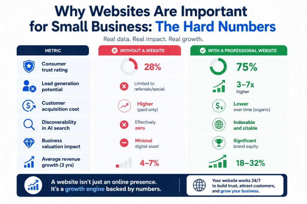 Comparing small businesses with and without a professional website using data on trust, lead generation, AI search visibility, customer acquisition cost, and revenue growth